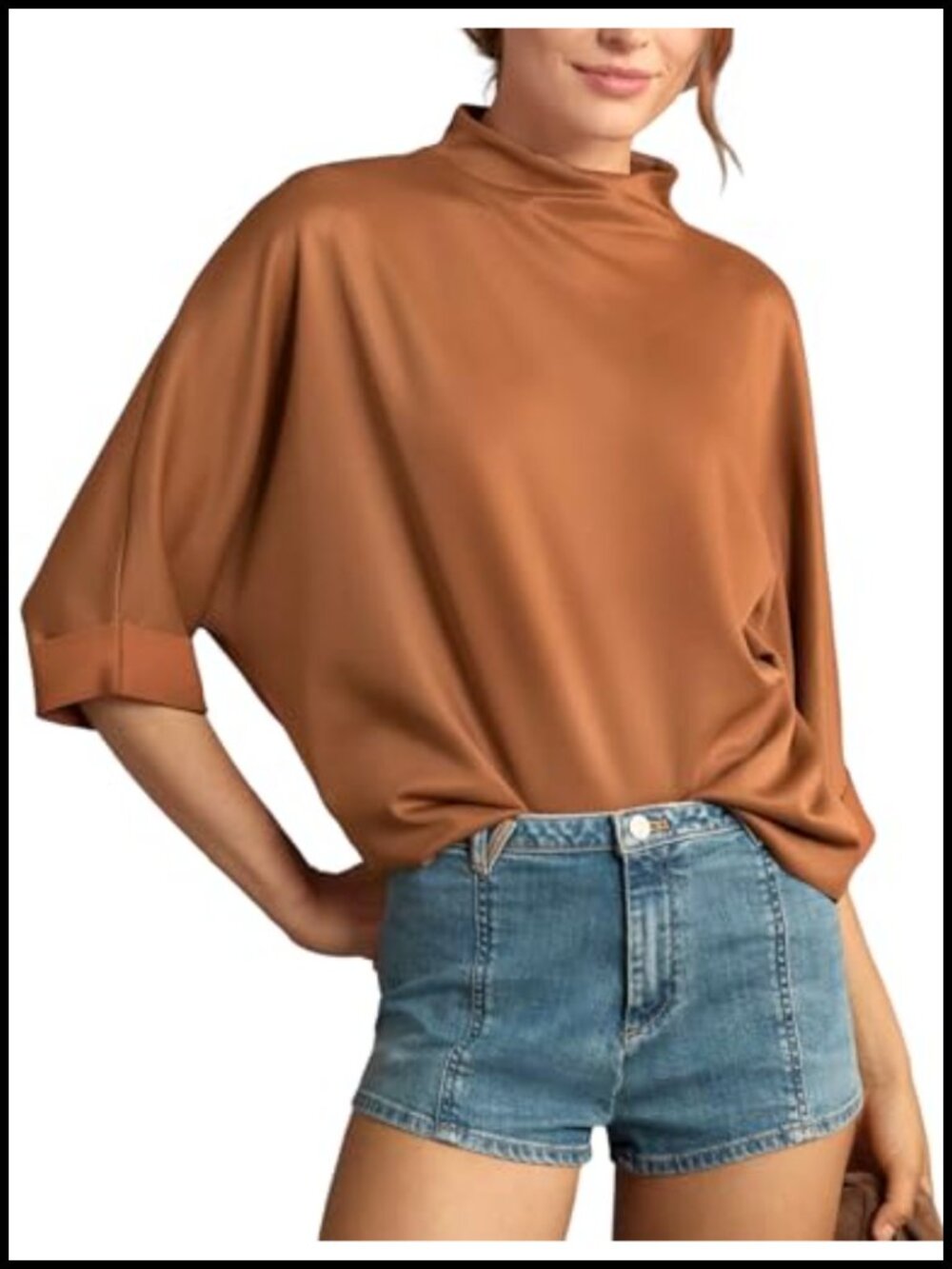 Womens Mock Neck Business Casual Tops Turtleneck Half Sleeve Blouse Oversized